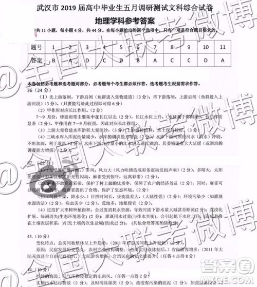 武汉市2019届高中毕业生五月训练题文理综参考答案 武汉市2019届高中毕业生五月训练题文理综参考答案