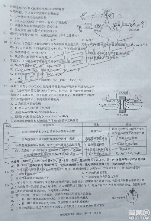 2019年重庆三诊文理综试题及答案参考答案 2019年重庆三诊文理综试题及答案参考答案