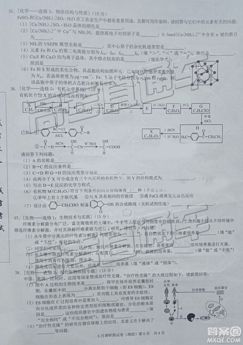 2019年重庆三诊文理综试题及答案参考答案