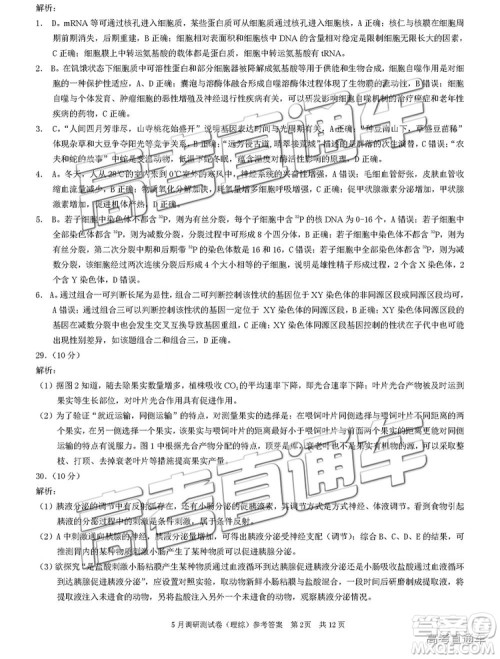 2019年重庆三诊文理综试题及答案参考答案 2019年重庆三诊文理综试题及答案参考答案