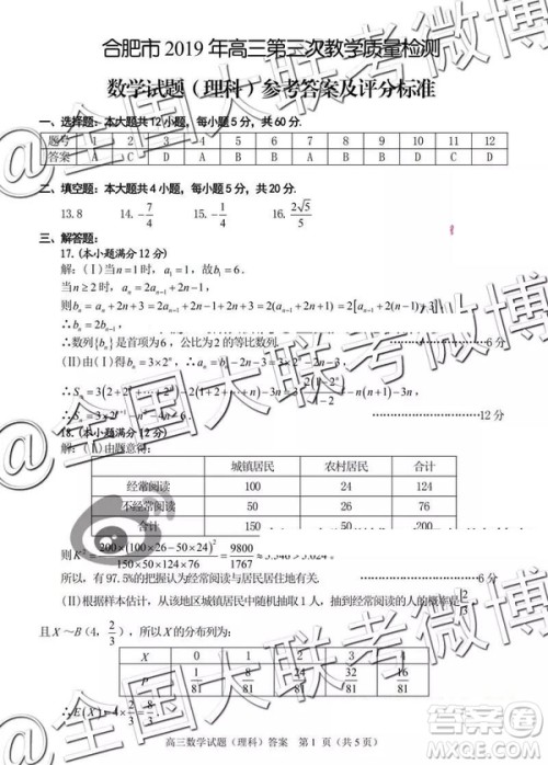 2019年合肥三模文理数试题及答案