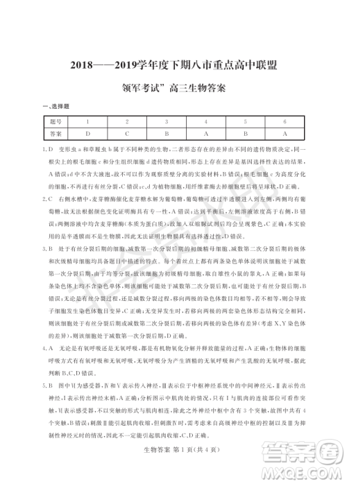2019年5月河南省八市重点高中联盟领军考试理综试题及答案