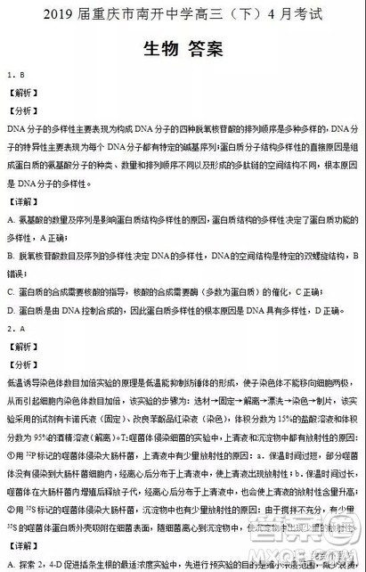 2019年重庆市南开中学高三下学期4月考试生物答案 2019年重庆市南开中学高三下学期4月考试生物答案