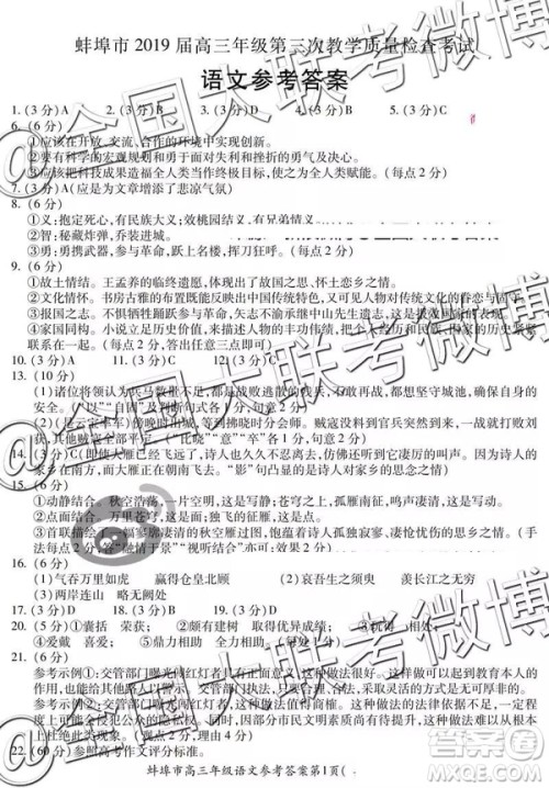 2019年蚌埠三模语文参考答案 2019年蚌埠三模语文参考答案