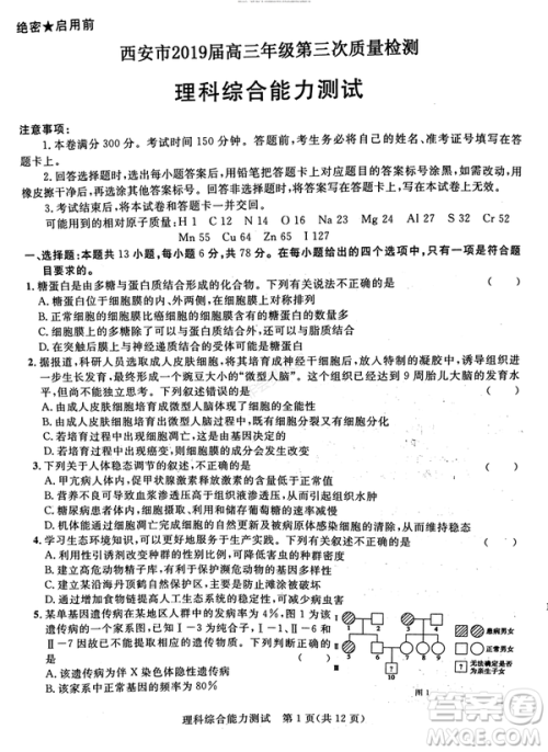2019年西安三检文理综试题及答案 2019年西安三检文理综试题及答案