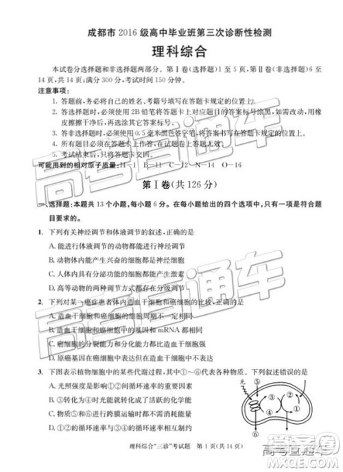 2019年成都三诊文理综参考答案 2019年成都三诊文理综参考答案