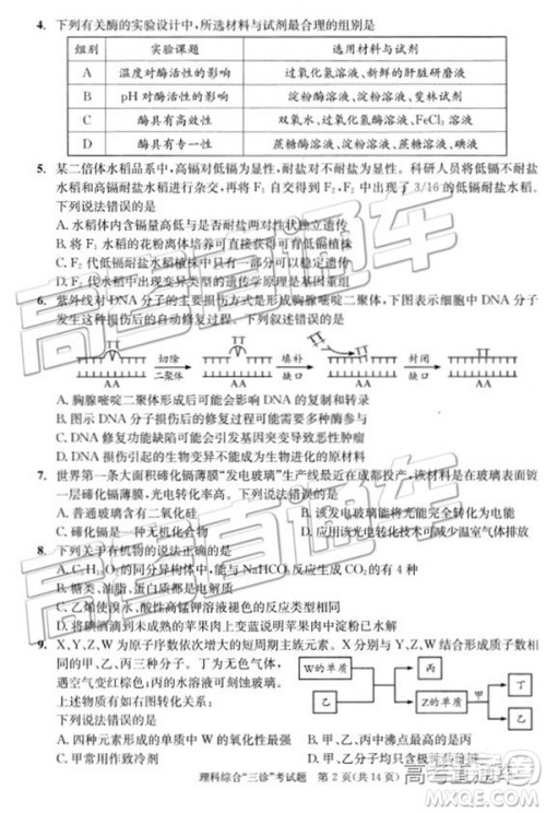 2019年成都三诊文理综参考答案