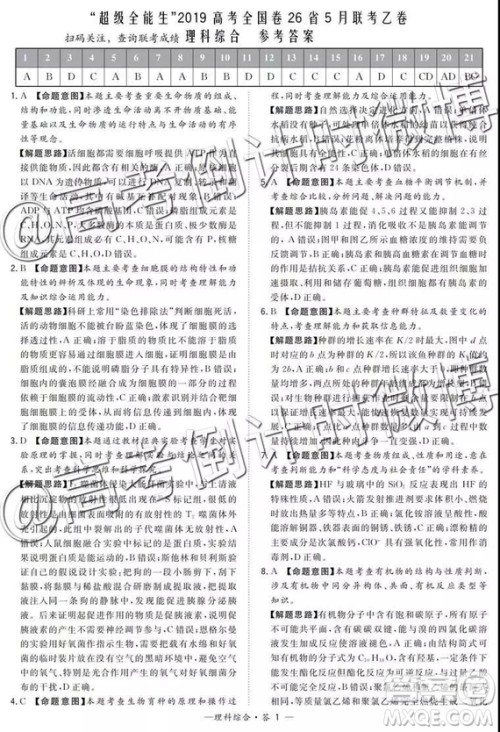 2019年5月超级全能生联考乙卷文理综参考答案 2019年5月超级全能生联考乙卷文理综参考答案