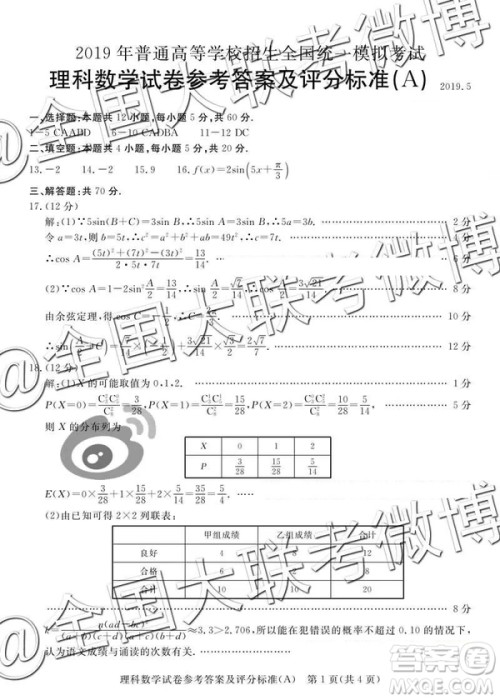 2019年5月普通高等学校招生全国统一模拟考试A卷B卷理数参考答案