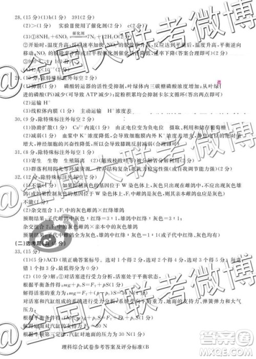 2019年5月普通高等学校招生全国统一模拟考试A卷B卷理综参考答案