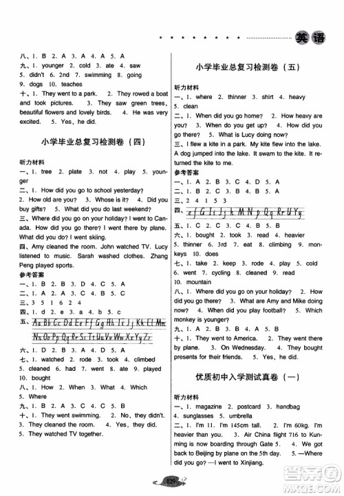 晨光全优2019年云南省小学毕业总复习与检测英语人教版PEP参考答案 晨光全优2019年云南省小学毕业总复习与检测英语人教版PEP参考答案