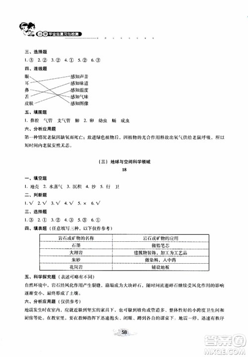晨光全优2019年云南省小学毕业总复习与检测科学参考答案 晨光全优2019年云南省小学毕业总复习与检测科学参考答案
