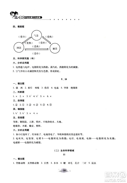 晨光全优2019年云南省小学毕业总复习与检测科学参考答案 晨光全优2019年云南省小学毕业总复习与检测科学参考答案