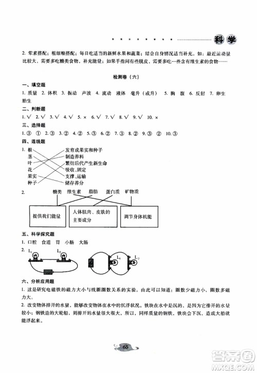 晨光全优2019年云南省小学毕业总复习与检测科学参考答案 晨光全优2019年云南省小学毕业总复习与检测科学参考答案