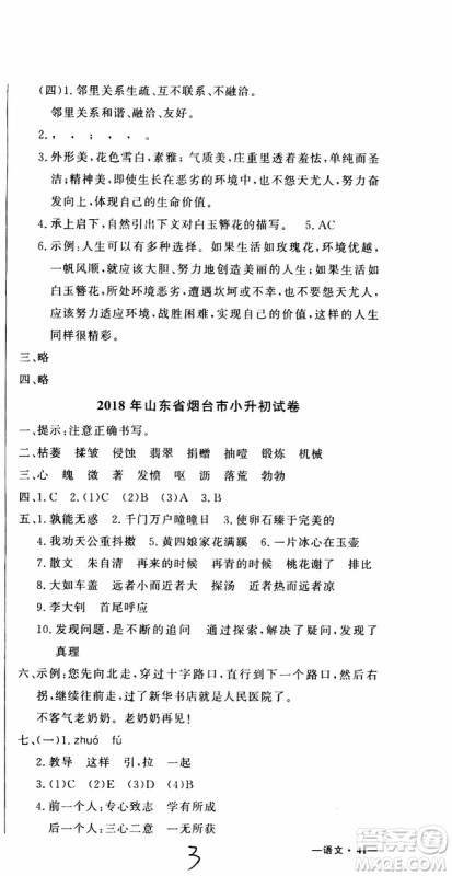 2019新版金题金卷小升初重点校入学测试卷语文参考答案 2019新版金题金卷小升初重点校入学测试卷语文参考答案