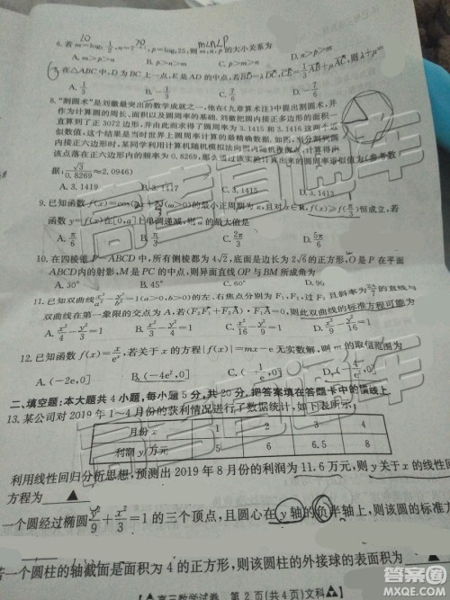 2019年广东金太阳5月联考文数试题及参考答案 2019年广东金太阳5月联考文数试题及参考答案