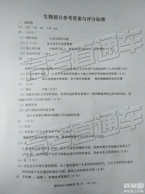 2019年威海二模理综参考答案 2019年威海二模理综参考答案