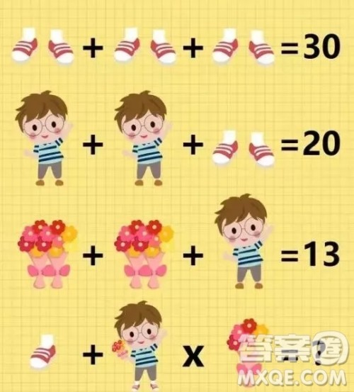 3双红鞋子等于30 2个带眼镜的男孩加一双红球鞋等于20图片答案 3双红鞋子等于30 2个带眼镜的男孩加一双红球鞋等于20图片答案