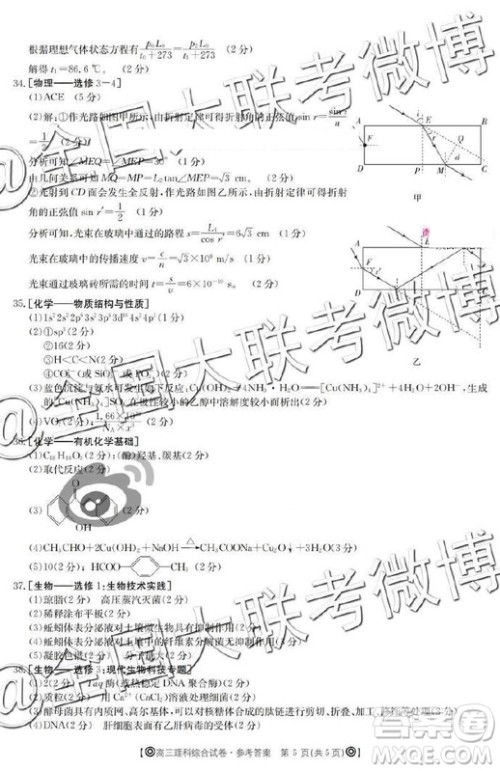 2019年5月金太阳大联考文理综答案 ​​​​