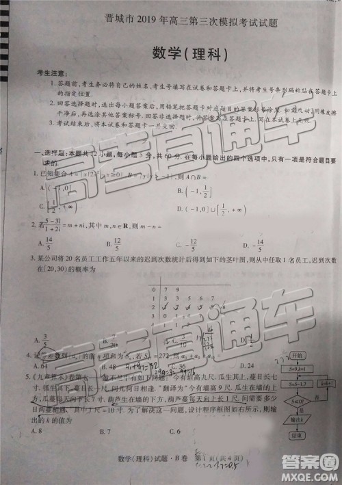 2019年晋城三模理科数学试题及参考答案