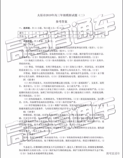 2019年太原二模文理综试题及参考答案 2019年太原二模文理综试题及参考答案