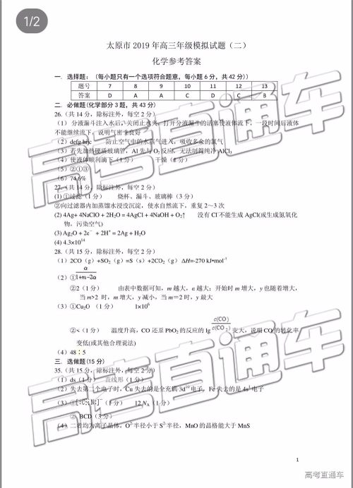 2019年太原二模文理综试题及参考答案 2019年太原二模文理综试题及参考答案