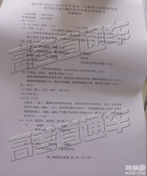 2019唐山三模文理综参考答案