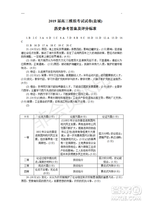 2019年盐城三模文综试题及答案