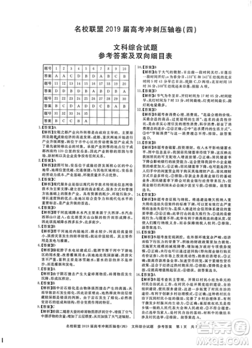 2019年河南名校联盟高考冲刺压轴卷四文理综试题答案