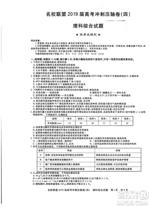 2019年河南名校联盟高考冲刺压轴卷四文理综试题答案