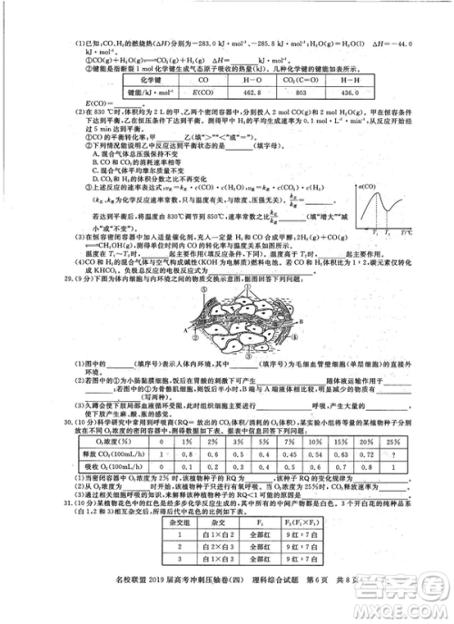 2019年河南名校联盟高考冲刺压轴卷四文理综试题答案