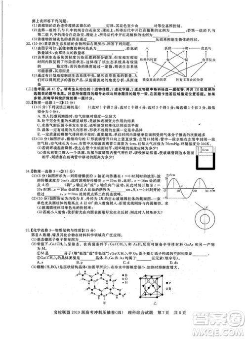 2019年河南名校联盟高考冲刺压轴卷四文理综试题答案