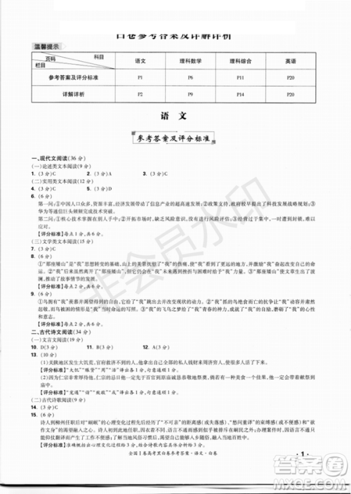 2019年全国Ⅰ卷高考黑白卷试题答案