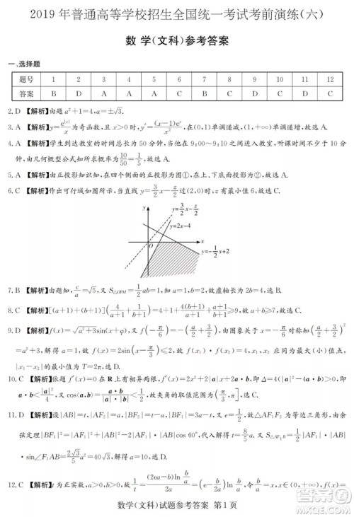 2019年普通高等学校招生全国统一考试考前演练六文科数学试题及答案