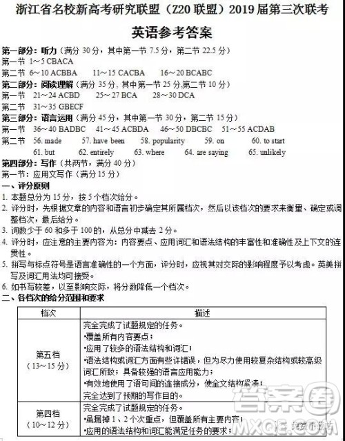 2019年浙江省名校新高考研究联盟Z20联盟第三次联考英语试题及答案 2019年浙江省名校新高考研究联盟Z20联盟第三次联考英语试题及答案