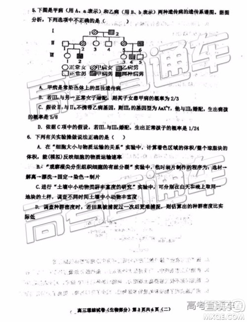 2019年天津河西区高三二模文理综试题及答案