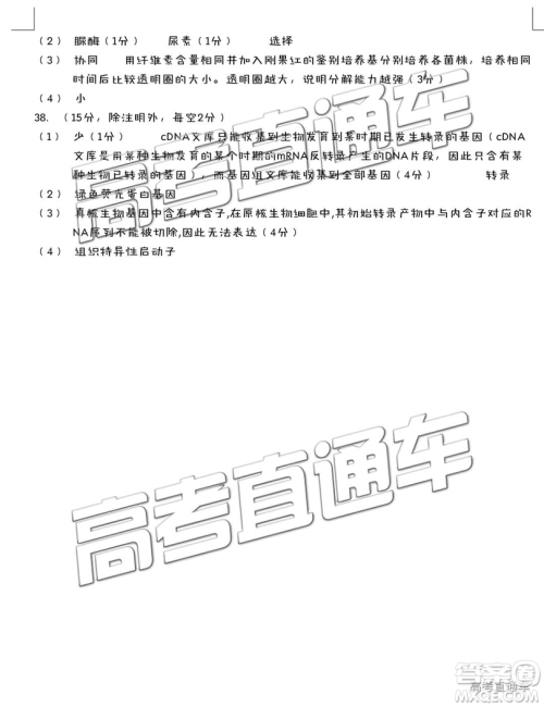 2019年汕头三模文理综参考答案 2019年汕头三模文理综参考答案