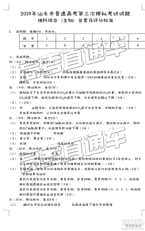 2019年汕头三模文理综参考答案 2019年汕头三模文理综参考答案