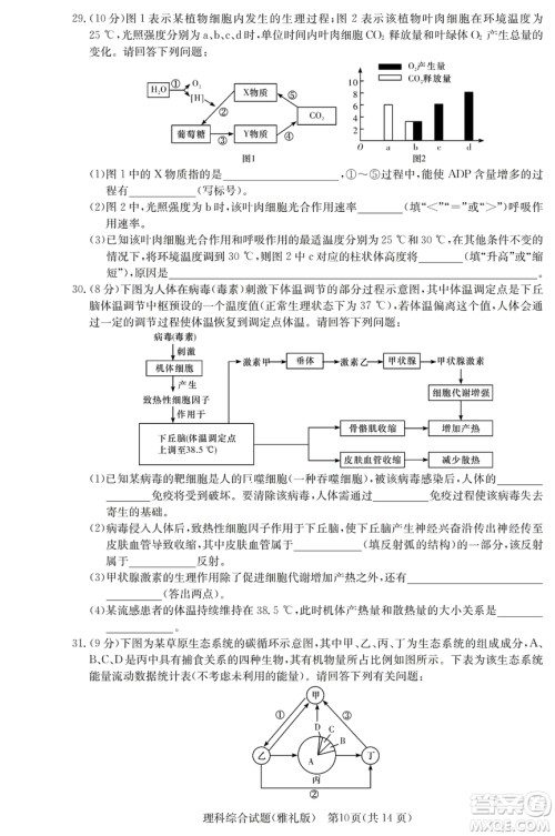 2019年雅礼一模理综试题及答案