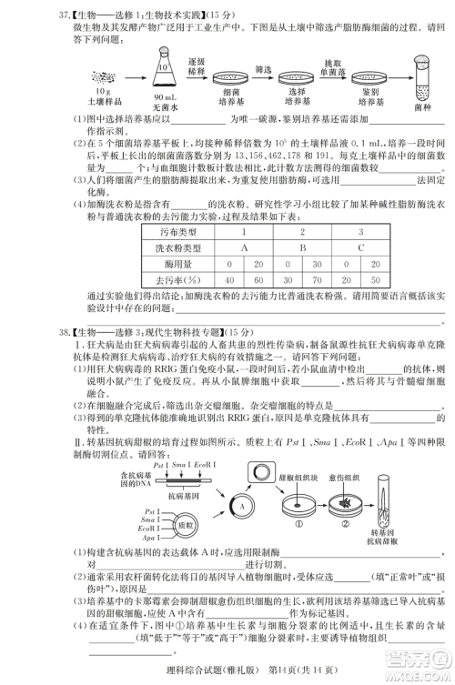 2019年雅礼一模理综试题及答案