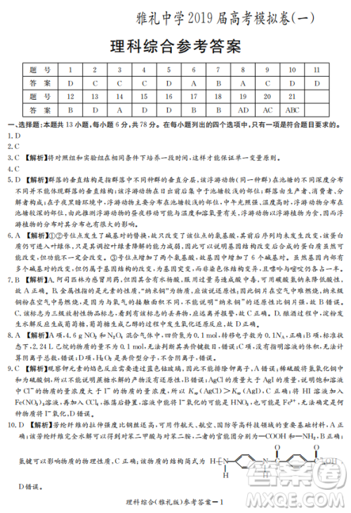 2019年雅礼一模理综试题及答案