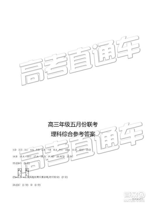 2019年安徽毛坦厂中学高三五月联考文理综试题及答案