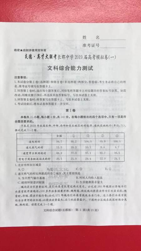 炎德英才大联考长郡中学2019届高考模拟卷一文科综合试题及答案 炎德英才大联考长郡中学2019届高考模拟卷一文科综合试题及答案