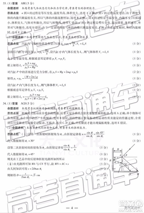 2019年晋城三模理科综合试题及参考答案