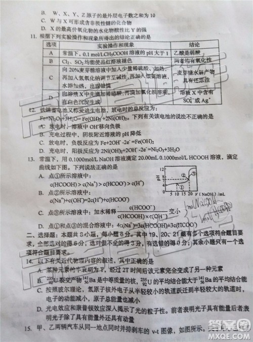 2019年葫芦岛市二模理综试题及参考答案