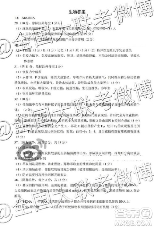 2019年银川一中高三第三次模拟考试文理综答案 2019年银川一中高三第三次模拟考试文理综答案