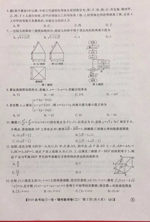 2019年普通高等学校招生全国统一考试临门一卷二文理数试题及答案 2019年普通高等学校招生全国统一考试临门一卷二文理数试题及答案