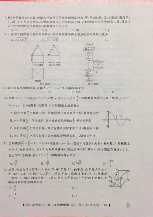2019年普通高等学校招生全国统一考试临门一卷二文理数试题及答案 2019年普通高等学校招生全国统一考试临门一卷二文理数试题及答案