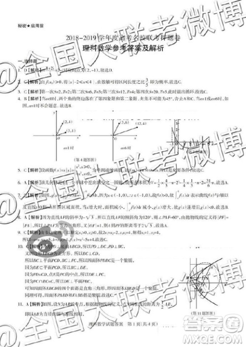 2019年5月山西省名校联考押题卷文理数答案 2019年5月山西省名校联考押题卷文理数答案
