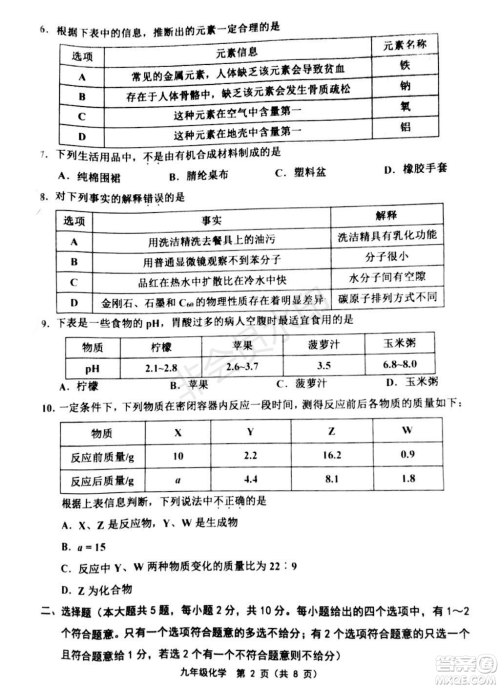 2019年天津五区县初中毕业班学业考试二模化学试题及答案 2019年天津五区县初中毕业班学业考试二模化学试题及答案